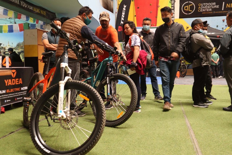 Visitors checking the bicycles kept on exhibition during the Cycle Expo event held in Thamel, Kathmandu