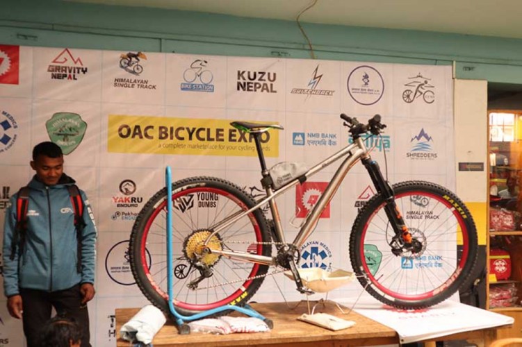 Visitors checking the bicycles kept on exhibition during the Cycle Expo event held in Thamel, Kathmandu