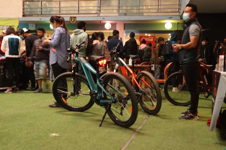 Visitors checking the bicycles kept on exhibition during the Cycle Expo event held in Thamel, Kathmandu